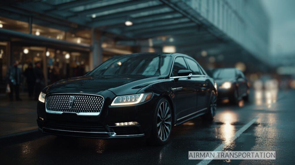 Luxury black car picking up a passenger from the airport at night
