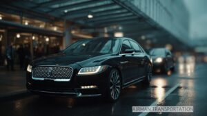 Luxury black car picking up a passenger from the airport at night