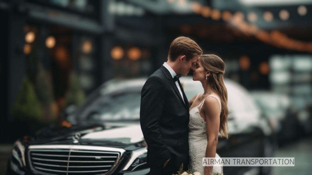 Wedding couple embraces by luxury car.