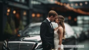 Wedding couple embraces by luxury car.