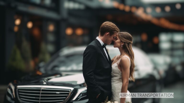 Wedding couple embraces by luxury car.